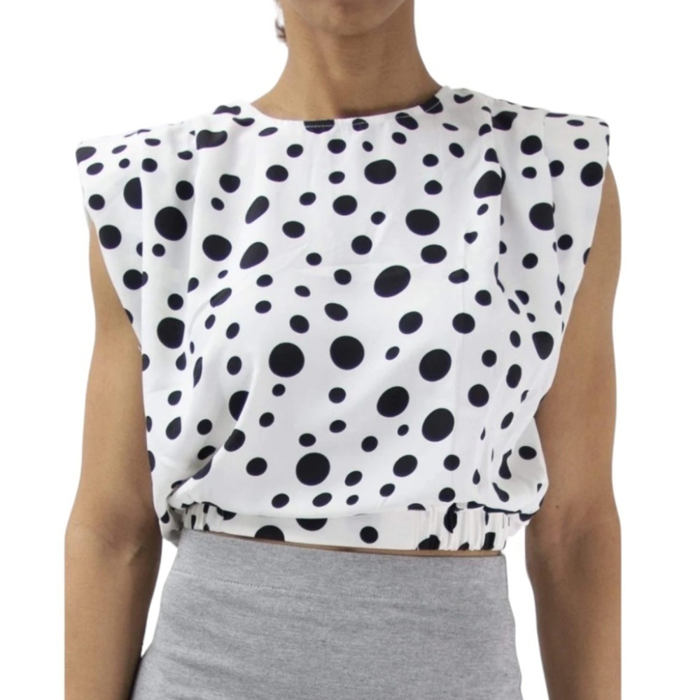 Zara M Shoulder Pad Ruched Waist Polka Dot Cropped Top